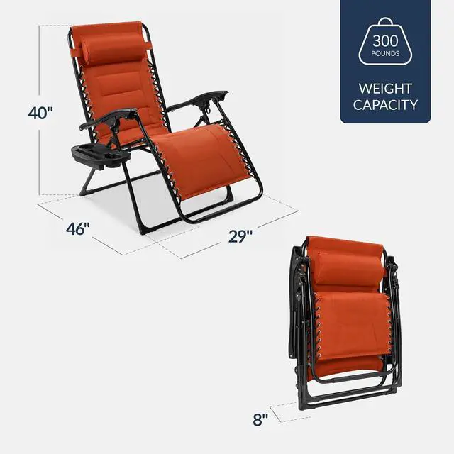 Alt view image 2 of 7 - Oversized Padded Zero Gravity Chair, Folding Outdoor Patio Recliner, XL Anti Gravity Lounger for Backyard w/Headrest, Cup Holder, Side Tray, Polyester Mesh - Burnt Orange
