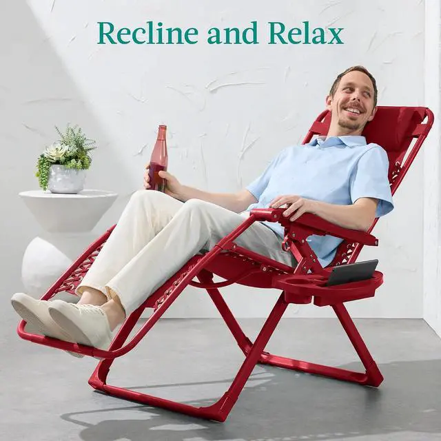 Alt view image 4 of 7 - Adjustable Zero Gravity Chair, Monochromatic Color Folding Patio Recliner w/Side Tray, Headrest - Ruby