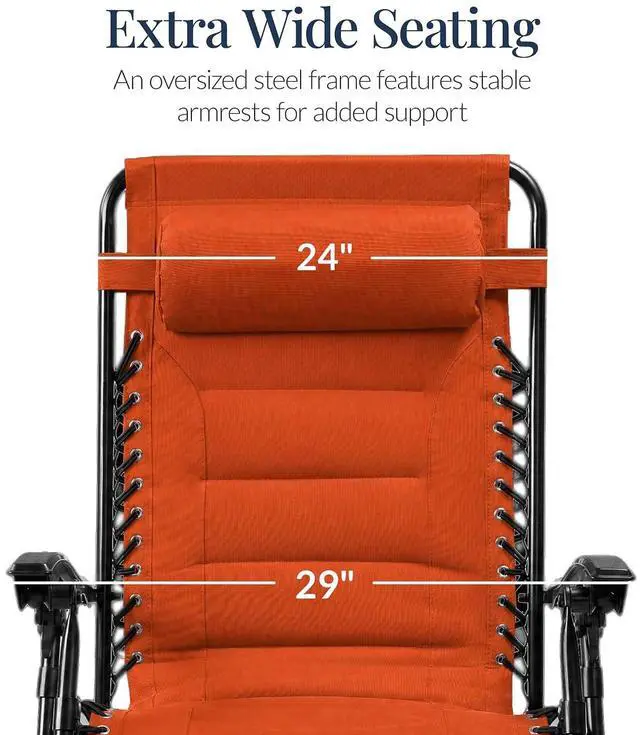 Alt view image 3 of 7 - Oversized Padded Zero Gravity Chair, Folding Outdoor Patio Recliner, XL Anti Gravity Lounger for Backyard w/Headrest, Cup Holder, Side Tray, Polyester Mesh - Burnt Orange