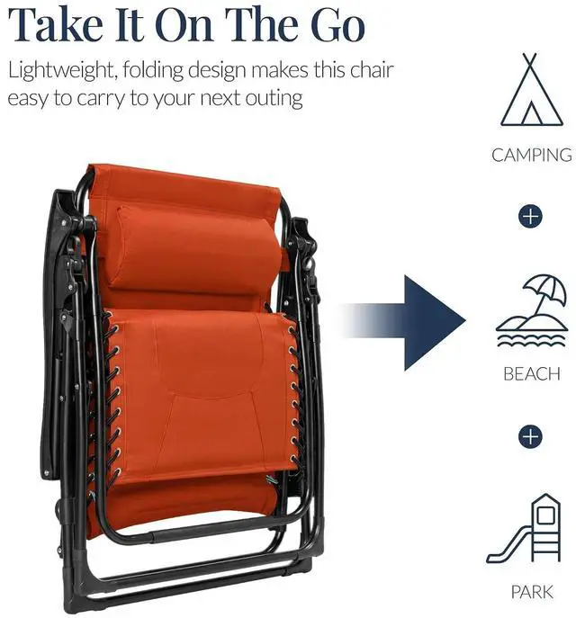 Alt view image 5 of 7 - Oversized Padded Zero Gravity Chair, Folding Outdoor Patio Recliner, XL Anti Gravity Lounger for Backyard w/Headrest, Cup Holder, Side Tray, Polyester Mesh - Burnt Orange