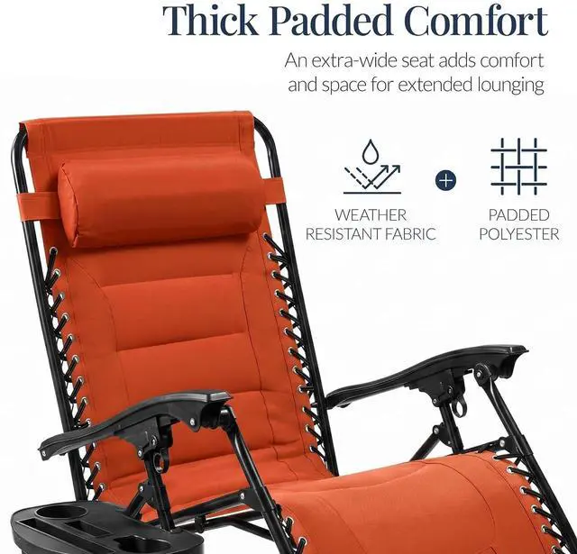 Alt view image 4 of 7 - Oversized Padded Zero Gravity Chair, Folding Outdoor Patio Recliner, XL Anti Gravity Lounger for Backyard w/Headrest, Cup Holder, Side Tray, Polyester Mesh - Burnt Orange