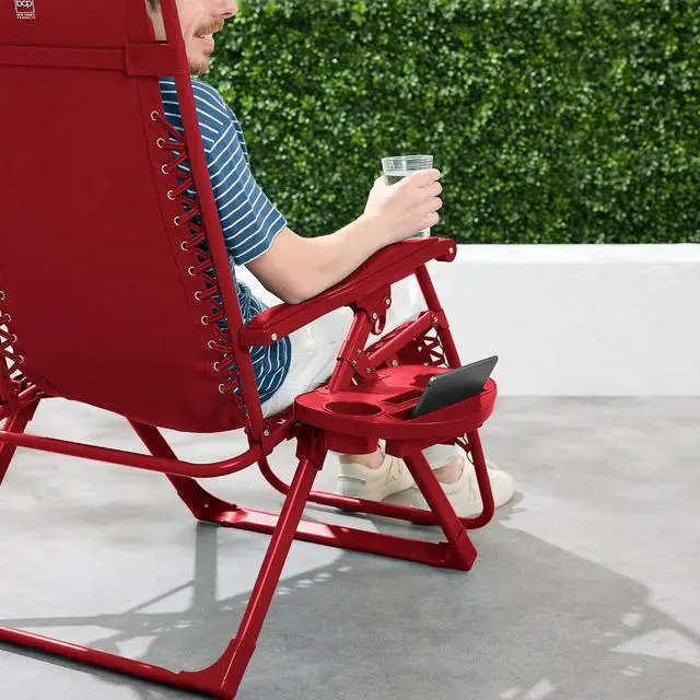 Alt view image 5 of 7 - Adjustable Zero Gravity Chair, Monochromatic Color Folding Patio Recliner w/Side Tray, Headrest - Ruby