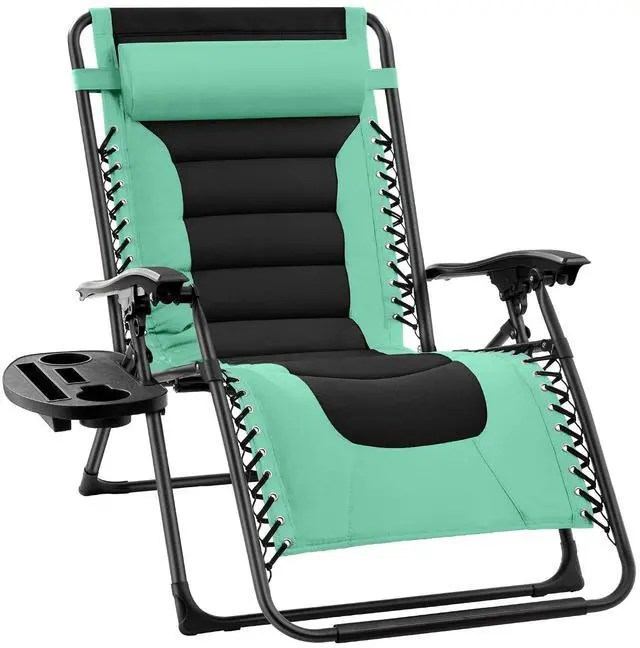 Main image of Oversized Padded Zero Gravity Chair, Folding Outdoor Patio Recliner, XL Anti Gravity Lounger for Backyard w/Headrest, Cup Holder, Side Tray, Polyester Mesh - Green/Black
