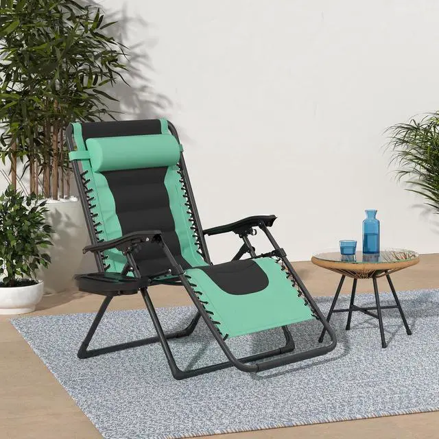 Alt view image 2 of 7 - Oversized Padded Zero Gravity Chair, Folding Outdoor Patio Recliner, XL Anti Gravity Lounger for Backyard w/Headrest, Cup Holder, Side Tray, Polyester Mesh - Green/Black