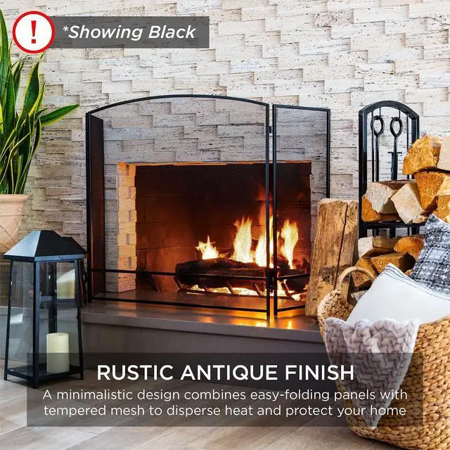 Alt view image 2 of 7 - 47.5x27.25in 3-Panel Simple Steel Mesh Fireplace Screen, Fire Spark Guard Grate for Living Room Home Decor w/Rustic Worn Finish - Black