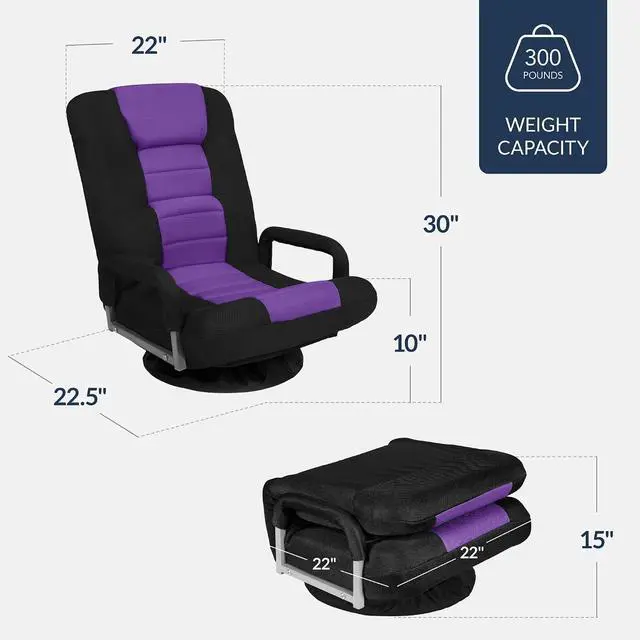 Alt view image 3 of 7 - Swivel Gaming Chair 360 Degree Multipurpose Floor Chair Rocker for TV, Reading, Playing Video Games w/Lumbar Support, Armrest Handles, Adjustable Foldable Backrest - Black/Purple