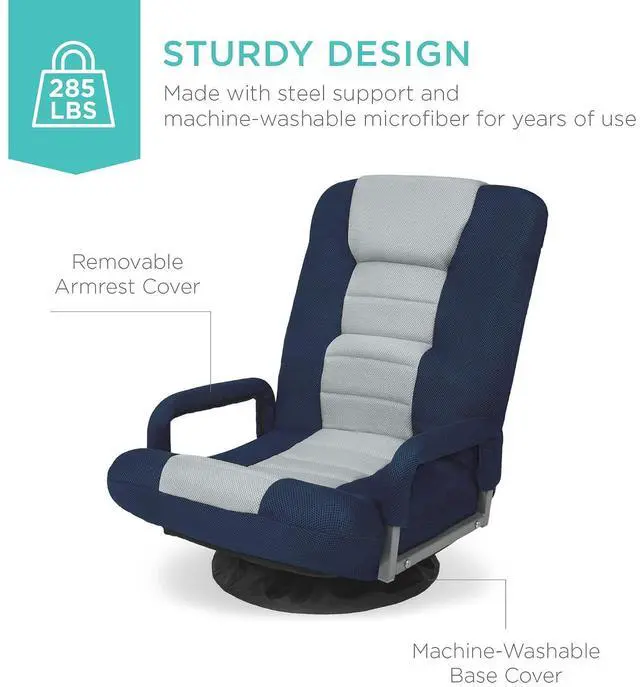 Alt view image 7 of 7 - Swivel Gaming Chair 360 Degree Multipurpose Floor Chair Rocker for TV, Reading, Playing Video Games w/Lumbar Support, Armrest Handles, Adjustable Foldable Backrest - Blue/Gray