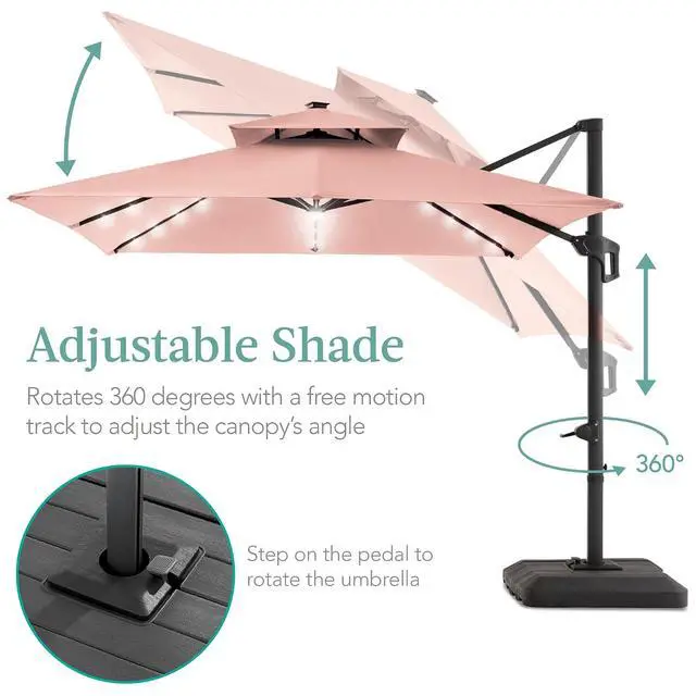 Alt view image 4 of 7 - 10x10ft Cantilever Patio Umbrella w/Base Included, Solar LED Lights 360 Rotation Large Offset Hanging Outdoor Shade for Deck Pool Backyard w/Stand Rose Quartz