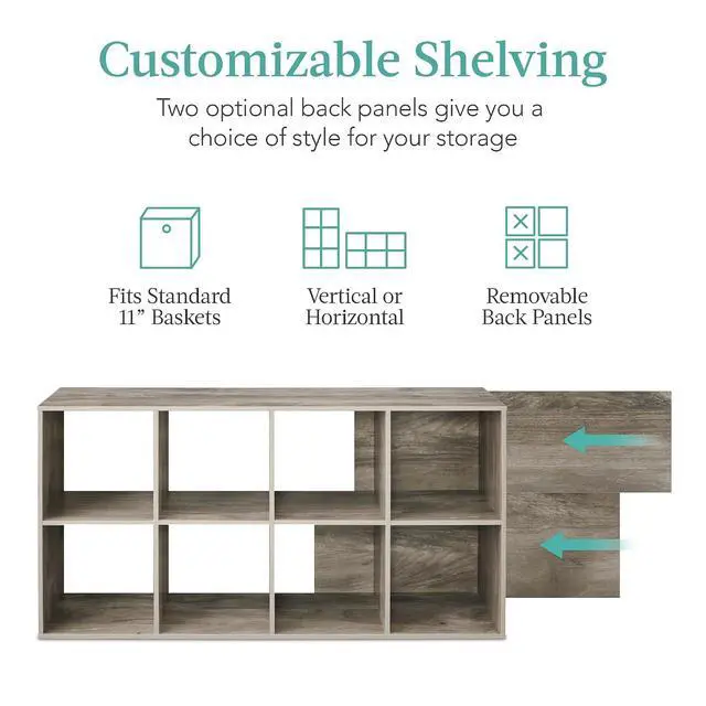Alt view image 4 of 7 - 8-Cube Storage Organizer, 11in Shelf Opening, Bookcase, Display Shelf, Customizable w/ 3 Removable Back Panels Greige