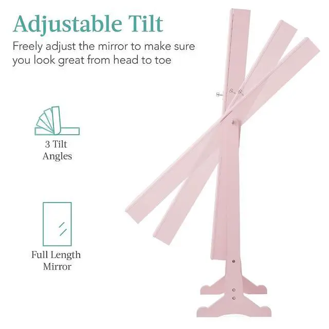 Alt view image 3 of 7 - Freestanding Jewelry Armoire Cabinet, Full Length Standing Mirror, Lockable Makeup Storage Organizer, w/Velvet Lining, 3 Angles, Lock, Accessory Pouch, 5 Shelves - Dusty Pink