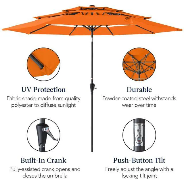 Alt view image 6 of 7 - 10ft 3-Tier Market Patio Umbrella, Outdoor Sun Shade with Tilt, Crank Lift, 8 Ribs for Backyard, Deck, Poolside Orange