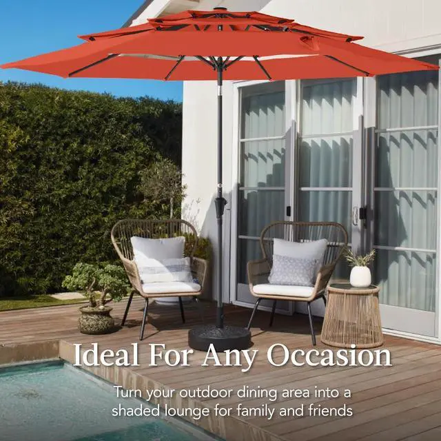 Alt view image 4 of 7 - 10ft 3-Tier Market Patio Umbrella, Outdoor Sun Shade with Tilt, Crank Lift, 8 Ribs for Backyard, Deck, Poolside Rust
