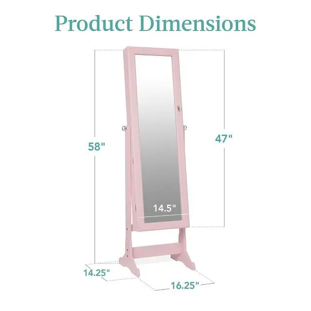 Alt view image 7 of 7 - Freestanding Jewelry Armoire Cabinet, Full Length Standing Mirror, Lockable Makeup Storage Organizer, w/Velvet Lining, 3 Angles, Lock, Accessory Pouch, 5 Shelves - Dusty Pink