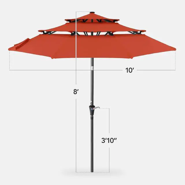 Alt view image 2 of 7 - 10ft 3-Tier Market Patio Umbrella, Outdoor Sun Shade with Tilt, Crank Lift, 8 Ribs for Backyard, Deck, Poolside Rust
