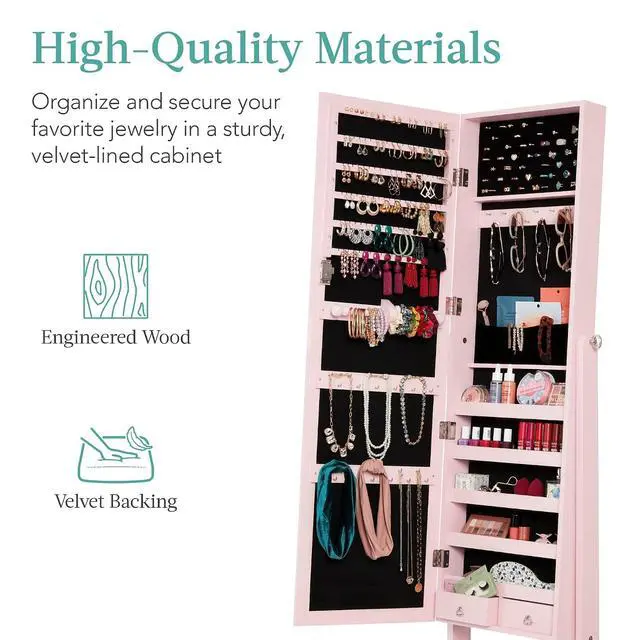 Alt view image 5 of 7 - Freestanding Jewelry Armoire Cabinet, Full Length Standing Mirror, Lockable Makeup Storage Organizer, w/Velvet Lining, 3 Angles, Lock, Accessory Pouch, 5 Shelves - Dusty Pink