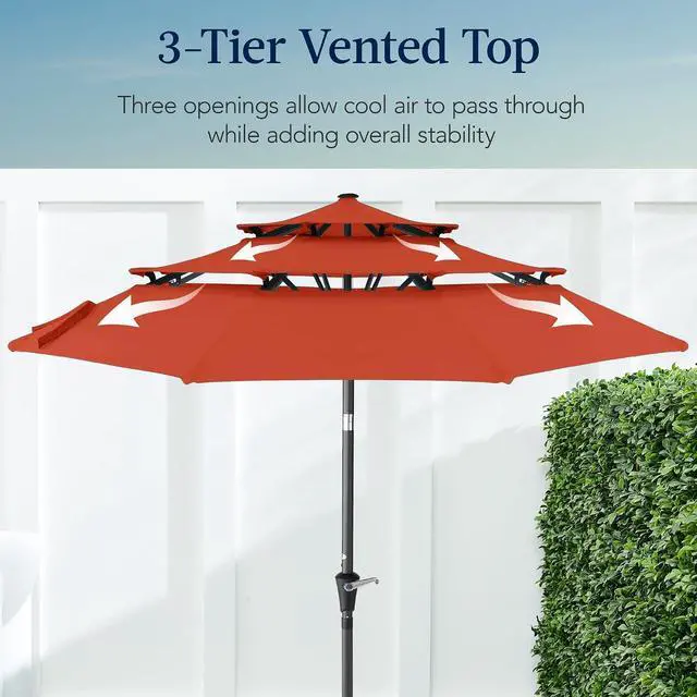 Alt view image 3 of 7 - 10ft 3-Tier Market Patio Umbrella, Outdoor Sun Shade with Tilt, Crank Lift, 8 Ribs for Backyard, Deck, Poolside Rust