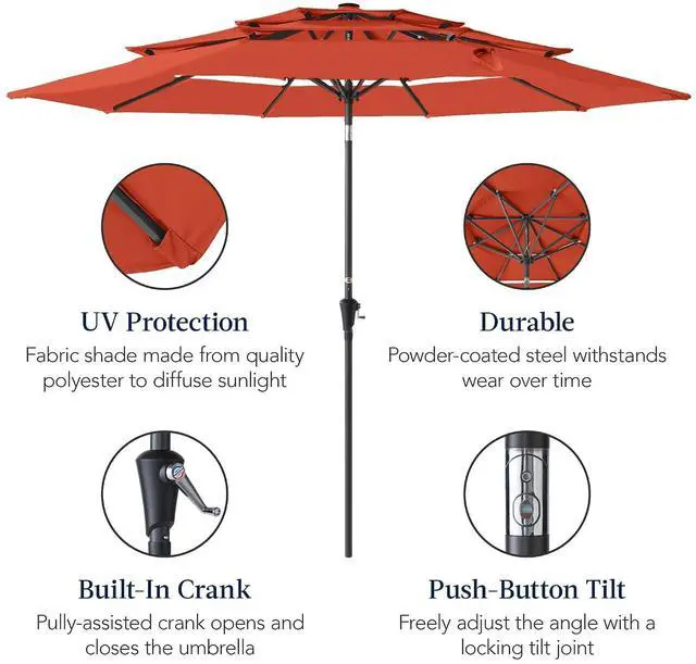 Alt view image 6 of 7 - 10ft 3-Tier Market Patio Umbrella, Outdoor Sun Shade with Tilt, Crank Lift, 8 Ribs for Backyard, Deck, Poolside Rust
