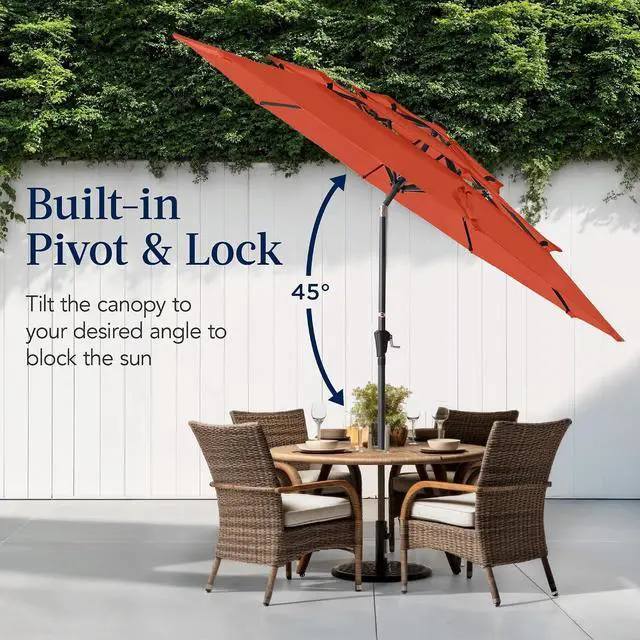 Alt view image 5 of 7 - 10ft 3-Tier Market Patio Umbrella, Outdoor Sun Shade with Tilt, Crank Lift, 8 Ribs for Backyard, Deck, Poolside Rust