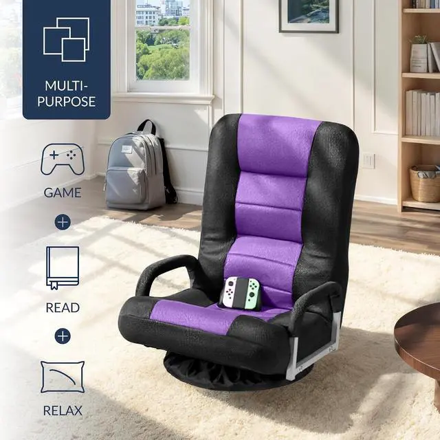 Alt view image 4 of 7 - Swivel Gaming Chair 360 Degree Multipurpose Floor Chair Rocker for TV, Reading, Playing Video Games w/Lumbar Support, Armrest Handles, Adjustable Foldable Backrest - Black/Purple