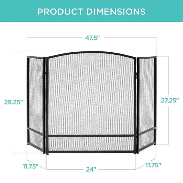 Alt view image 7 of 7 - 47.5x27.25in 3-Panel Simple Steel Mesh Fireplace Screen, Fire Spark Guard Grate for Living Room Home Decor w/Rustic Worn Finish - Black