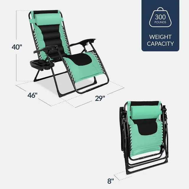 Alt view image 3 of 7 - Oversized Padded Zero Gravity Chair, Folding Outdoor Patio Recliner, XL Anti Gravity Lounger for Backyard w/Headrest, Cup Holder, Side Tray, Polyester Mesh - Green/Black