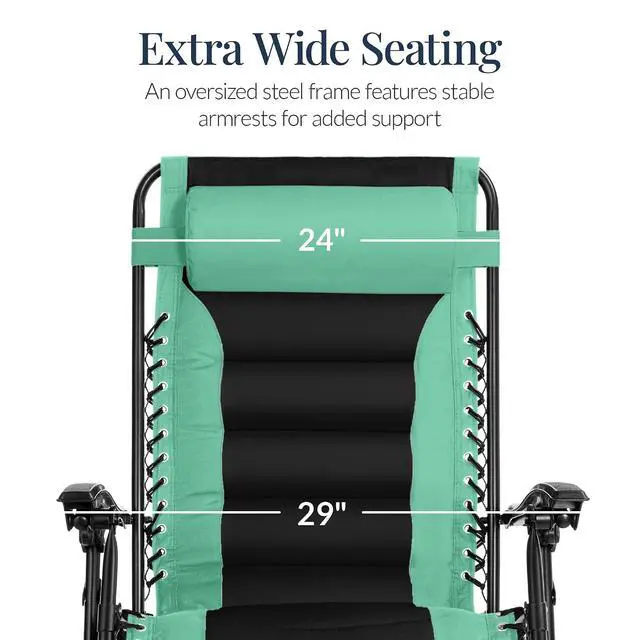 Alt view image 4 of 7 - Oversized Padded Zero Gravity Chair, Folding Outdoor Patio Recliner, XL Anti Gravity Lounger for Backyard w/Headrest, Cup Holder, Side Tray, Polyester Mesh - Green/Black