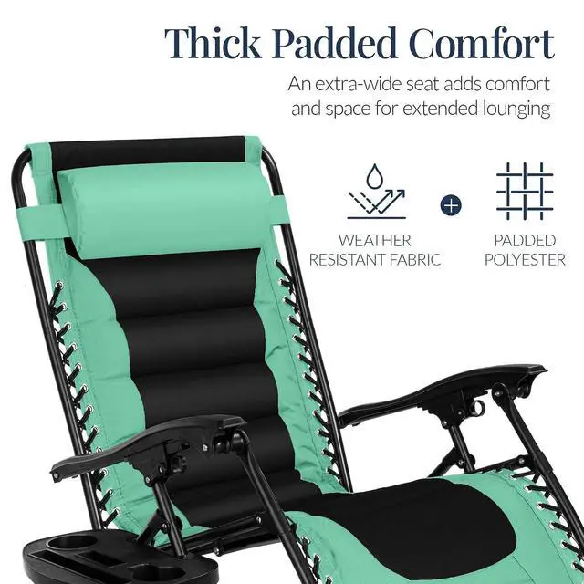 Alt view image 5 of 7 - Oversized Padded Zero Gravity Chair, Folding Outdoor Patio Recliner, XL Anti Gravity Lounger for Backyard w/Headrest, Cup Holder, Side Tray, Polyester Mesh - Green/Black
