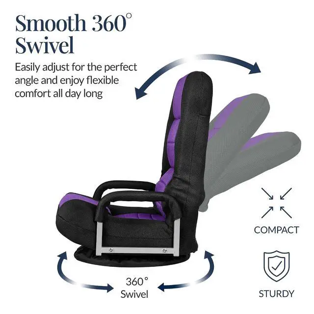 Alt view image 6 of 7 - Swivel Gaming Chair 360 Degree Multipurpose Floor Chair Rocker for TV, Reading, Playing Video Games w/Lumbar Support, Armrest Handles, Adjustable Foldable Backrest - Black/Purple