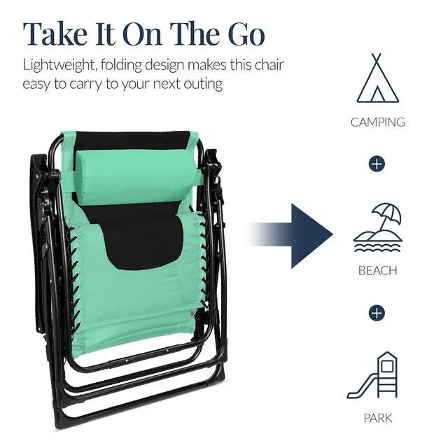 Alt view image 6 of 7 - Oversized Padded Zero Gravity Chair, Folding Outdoor Patio Recliner, XL Anti Gravity Lounger for Backyard w/Headrest, Cup Holder, Side Tray, Polyester Mesh - Green/Black