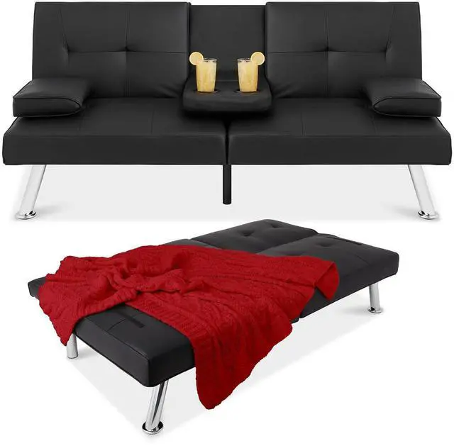 Main image of Faux Leather Upholstered Modern Convertible Futon, Adjustable Folding Sofa Bed, Guest Bed w/Removable Armrests - Black
