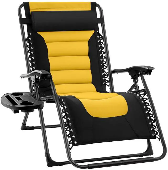 Main image of Oversized Padded Zero Gravity Chair, Folding Outdoor Patio Recliner, XL Anti Gravity Lounger for Backyard w/Headrest, Cup Holder, Side Tray, Polyester Mesh - Black/Yellow