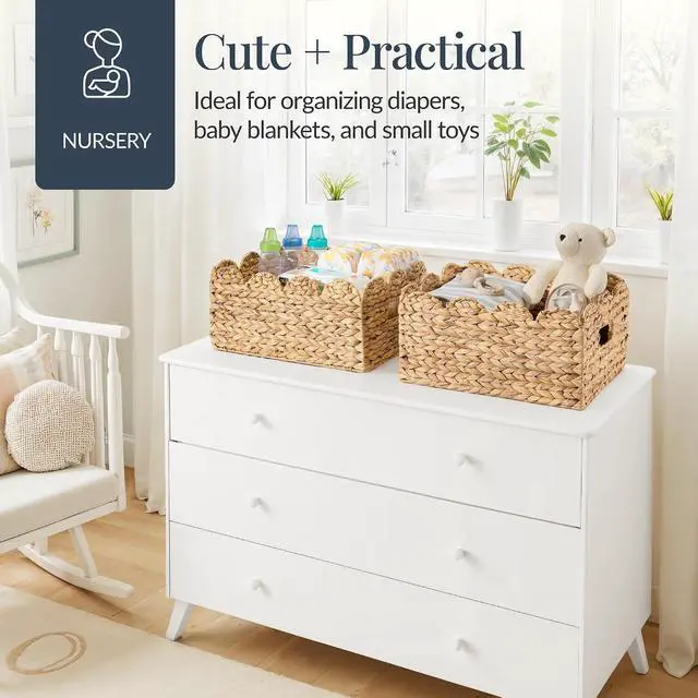 Alt view image 6 of 7 - 16x12 Scalloped Shelf Baskets, Woven Storage Bins, Storage Organizers for Pantry, Living Room, Bedroom, Nursery & Laundry, 2 Pack - Natural