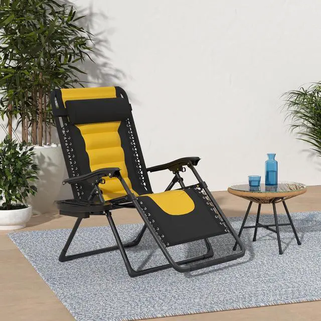 Alt view image 2 of 7 - Oversized Padded Zero Gravity Chair, Folding Outdoor Patio Recliner, XL Anti Gravity Lounger for Backyard w/Headrest, Cup Holder, Side Tray, Polyester Mesh - Black/Yellow