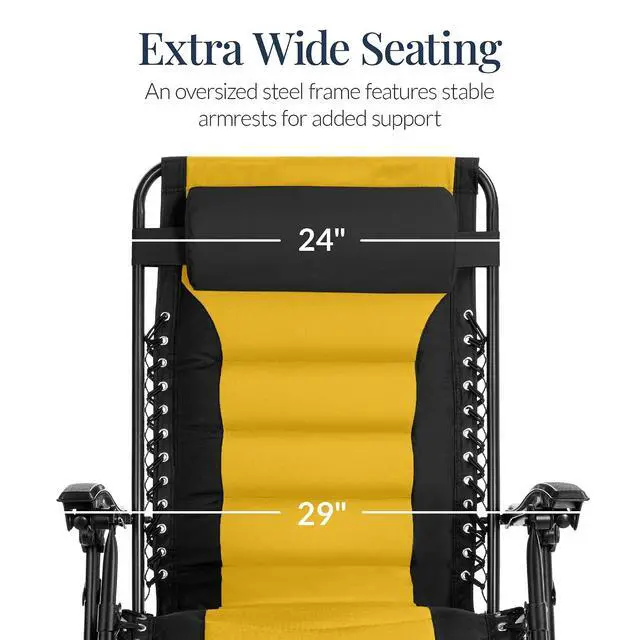 Alt view image 4 of 7 - Oversized Padded Zero Gravity Chair, Folding Outdoor Patio Recliner, XL Anti Gravity Lounger for Backyard w/Headrest, Cup Holder, Side Tray, Polyester Mesh - Black/Yellow
