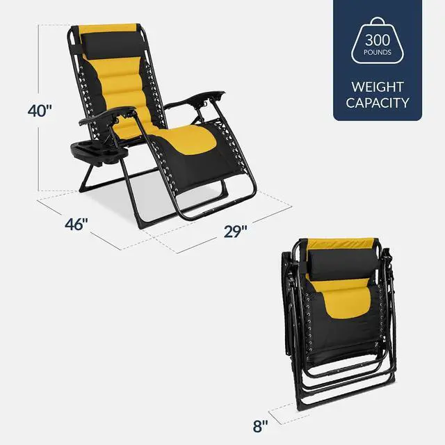 Alt view image 3 of 7 - Oversized Padded Zero Gravity Chair, Folding Outdoor Patio Recliner, XL Anti Gravity Lounger for Backyard w/Headrest, Cup Holder, Side Tray, Polyester Mesh - Black/Yellow