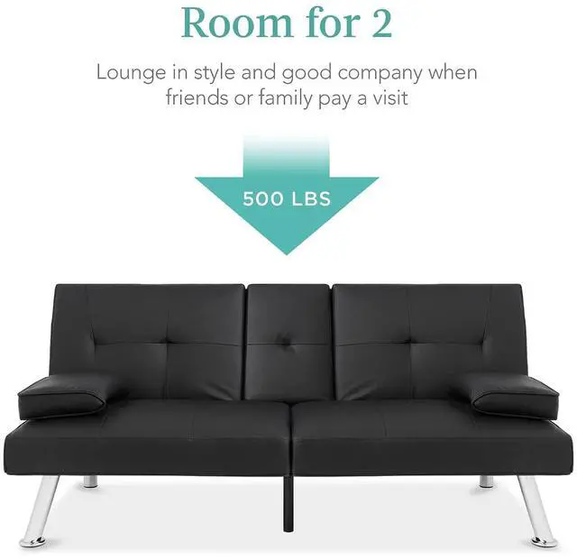 Alt view image 4 of 7 - Faux Leather Upholstered Modern Convertible Futon, Adjustable Folding Sofa Bed, Guest Bed w/Removable Armrests - Black
