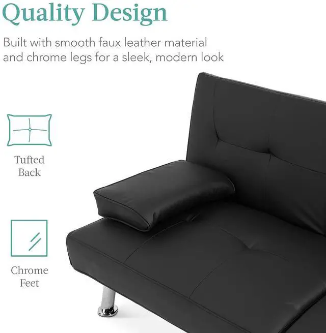 Alt view image 6 of 7 - Faux Leather Upholstered Modern Convertible Futon, Adjustable Folding Sofa Bed, Guest Bed w/Removable Armrests - Black