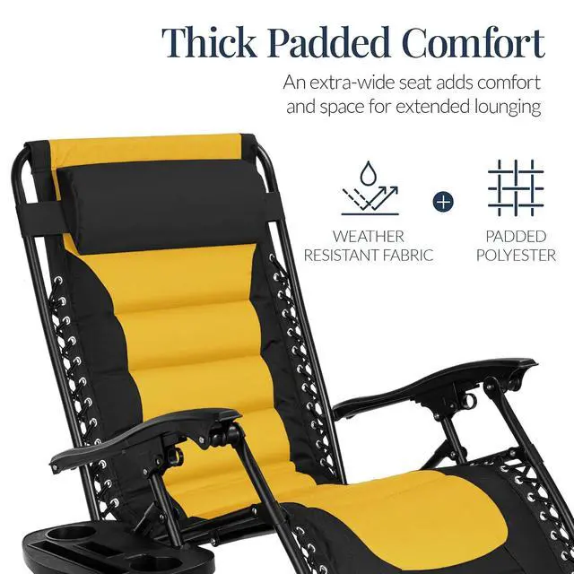 Alt view image 5 of 7 - Oversized Padded Zero Gravity Chair, Folding Outdoor Patio Recliner, XL Anti Gravity Lounger for Backyard w/Headrest, Cup Holder, Side Tray, Polyester Mesh - Black/Yellow