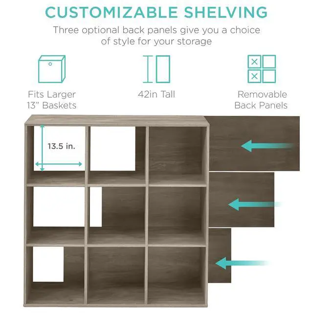 Alt view image 3 of 7 - Best Choice Products 9-Cube Storage Organizer, 13.5in Shelf Opening, Bookcase, Display Shelf, Customizable w/ 3 Removable Back Panels Greige