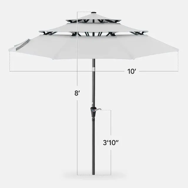 Alt view image 2 of 7 - 10ft 3-Tier Market Patio Umbrella, Outdoor Sun Shade with Tilt, Crank Lift, 8 Ribs for Backyard, Deck, Poolside Fog Gray
