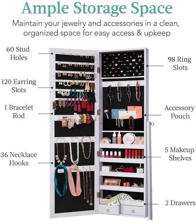 Alt view image 2 of 7 - Freestanding Jewelry Armoire Cabinet, Full Length Standing Mirror, Lockable Makeup Storage Organizer, w/Velvet Lining, 3 Angles, Lock, Accessory Pouch, 5 Shelves - Lavender