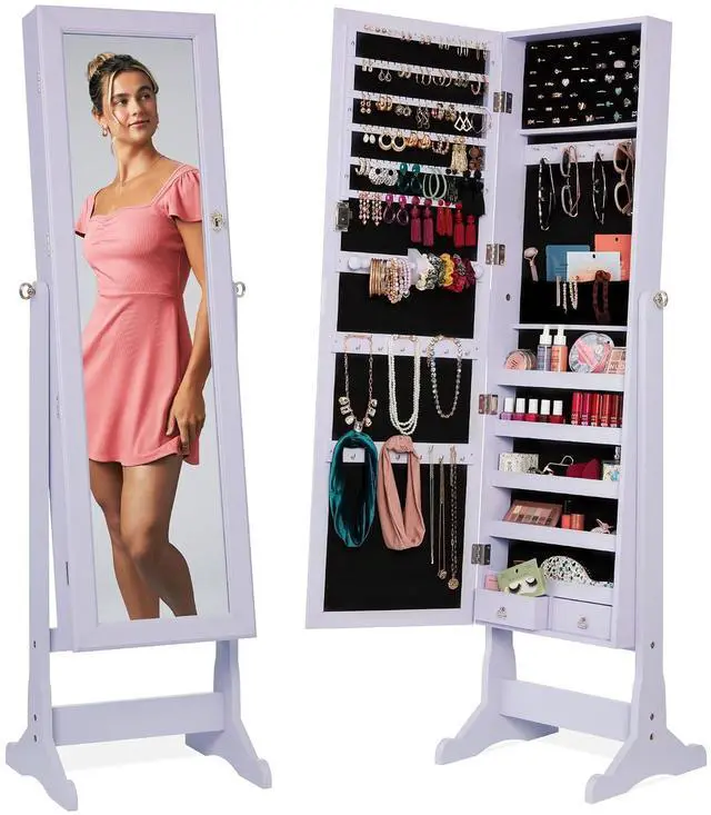 Main image of Freestanding Jewelry Armoire Cabinet, Full Length Standing Mirror, Lockable Makeup Storage Organizer, w/Velvet Lining, 3 Angles, Lock, Accessory Pouch, 5 Shelves - Lavender