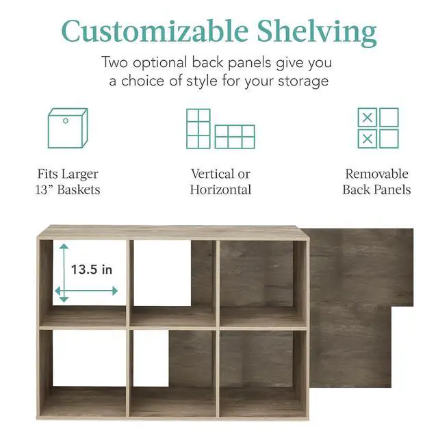 Alt view image 3 of 7 - Best Choice Products 6-Cube Storage Organizer, 13.5in Shelf Opening, Bookcase, Display Shelf, Customizable w/ 3 Removable Back Panels Greige