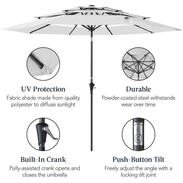 Alt view image 6 of 7 - 10ft 3-Tier Market Patio Umbrella, Outdoor Sun Shade with Tilt, Crank Lift, 8 Ribs for Backyard, Deck, Poolside Fog Gray