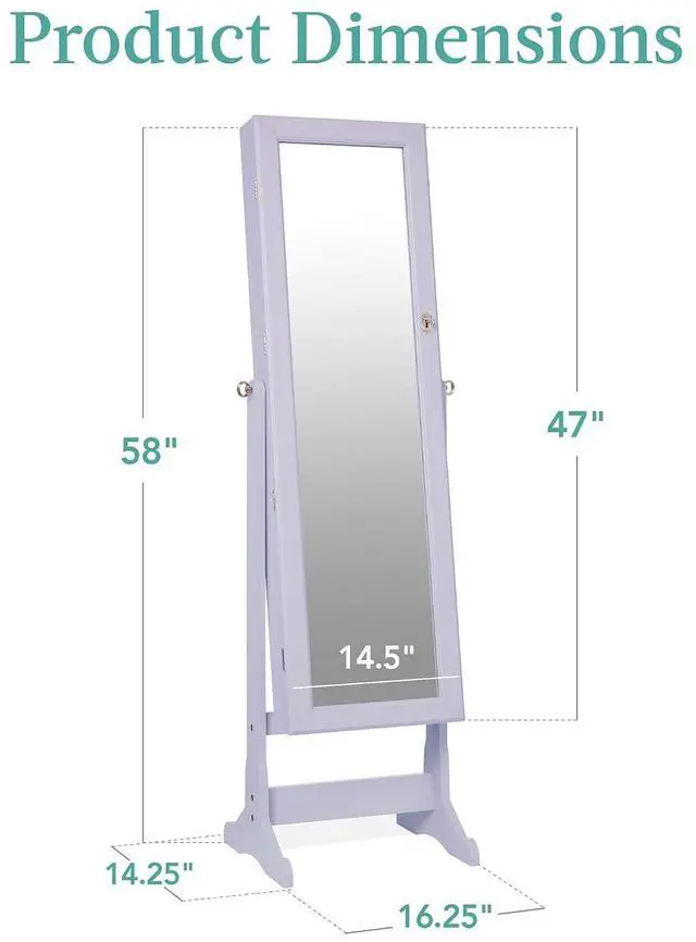 Alt view image 7 of 7 - Freestanding Jewelry Armoire Cabinet, Full Length Standing Mirror, Lockable Makeup Storage Organizer, w/Velvet Lining, 3 Angles, Lock, Accessory Pouch, 5 Shelves - Lavender