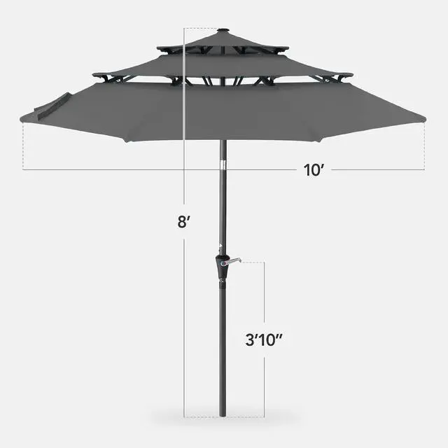 Alt view image 2 of 7 - 10ft 3-Tier Market Patio Umbrella, Outdoor Sun Shade with Tilt, Crank Lift, 8 Ribs for Backyard, Deck, Poolside Gray