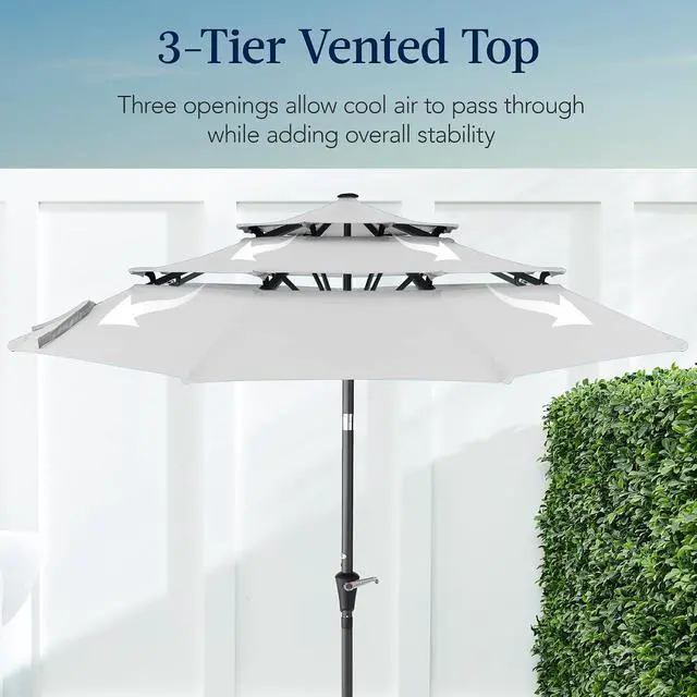 Alt view image 3 of 7 - 10ft 3-Tier Market Patio Umbrella, Outdoor Sun Shade with Tilt, Crank Lift, 8 Ribs for Backyard, Deck, Poolside Fog Gray