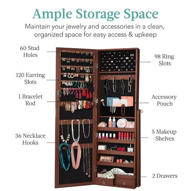 Alt view image 2 of 7 - Freestanding Jewelry Armoire Cabinet, Full Length Standing Mirror, Lockable Makeup Storage Organizer, w/Velvet Lining, 3 Angles, Lock, Accessory Pouch, 5 Shelves - Walnut