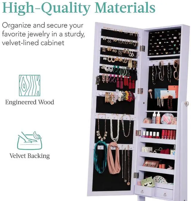 Alt view image 5 of 7 - Freestanding Jewelry Armoire Cabinet, Full Length Standing Mirror, Lockable Makeup Storage Organizer, w/Velvet Lining, 3 Angles, Lock, Accessory Pouch, 5 Shelves - Lavender