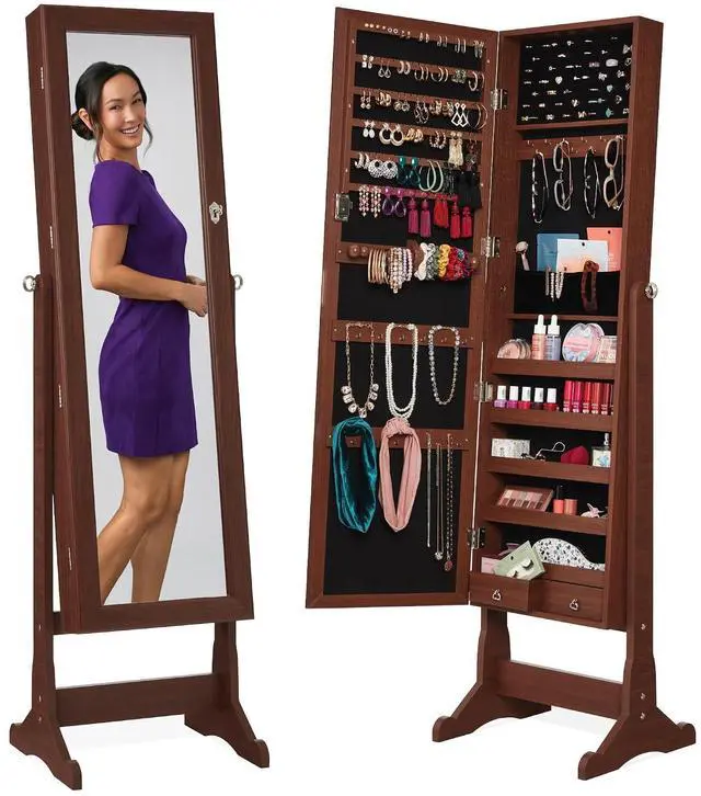 Main image of Freestanding Jewelry Armoire Cabinet, Full Length Standing Mirror, Lockable Makeup Storage Organizer, w/Velvet Lining, 3 Angles, Lock, Accessory Pouch, 5 Shelves - Walnut